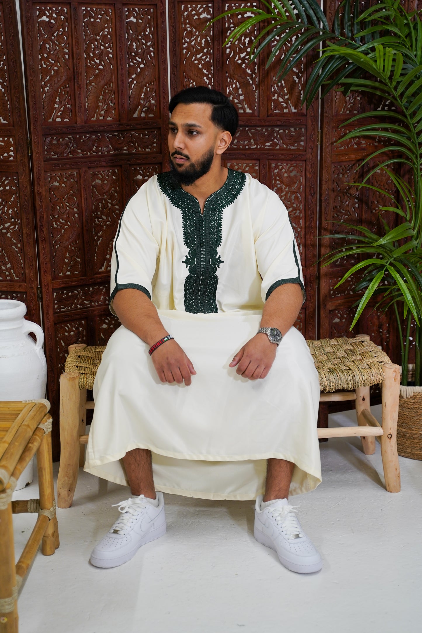 FOREST GREEN ON CREAM MOROCCAN GANDOURA