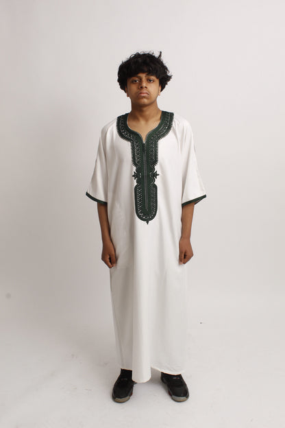 Forest Green on White Moroccan Gandoura