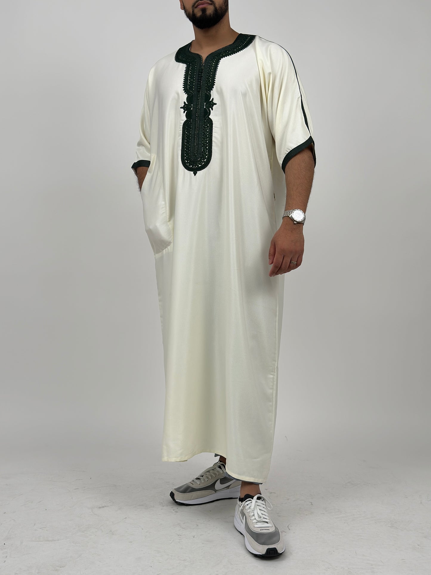 Forest Green on Cream Moroccan Gandoura